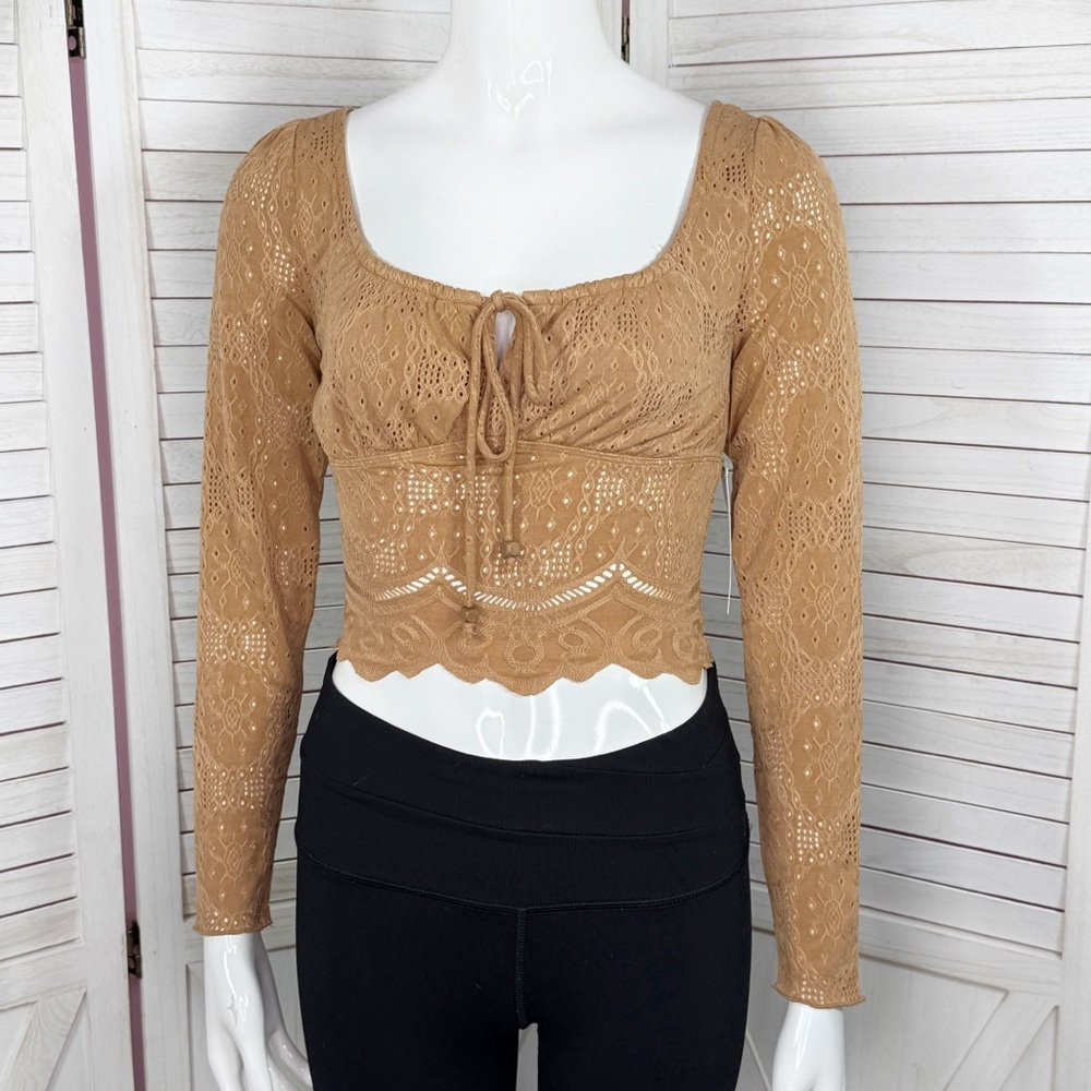 Kirious Boho Embroidered Eyelet Tie Neck Long Sleeve Crop Top Tan XS
